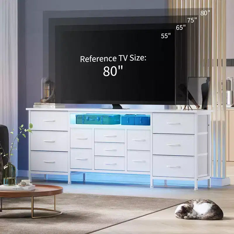 70 Inch Long Dresser with 13 Drawers, TV Stand for 65-80 Inch TV with Charging Station, Fabric Storage Organizer for Bedroom & Living Room