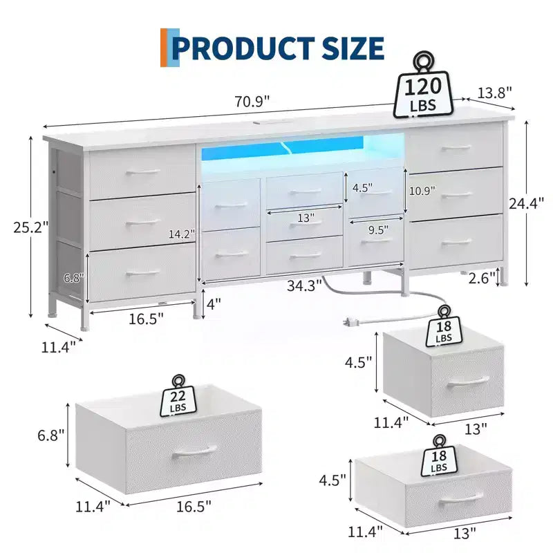 70 Inch Long Dresser with 13 Drawers, TV Stand for 65-80 Inch TV with Charging Station, Fabric Storage Organizer for Bedroom & Living Room