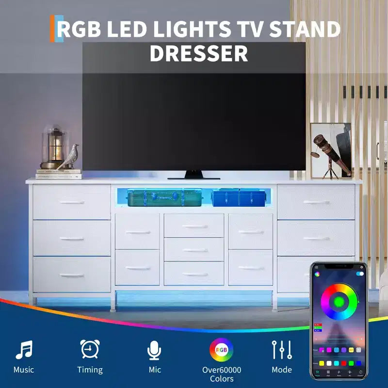 70 Inch Long Dresser with 13 Drawers, TV Stand for 65-80 Inch TV with Charging Station, Fabric Storage Organizer for Bedroom & Living Room