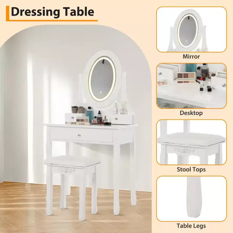 Vanity with LED-lit makeup mirror, featuring a padded stool, 3 lighting modes, and 3 storage drawersperfect for the bedroom.