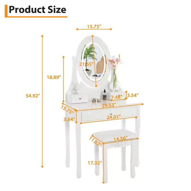 Vanity with LED-lit makeup mirror, featuring a padded stool, 3 lighting modes, and 3 storage drawersperfect for the bedroom.