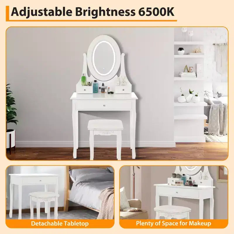 Vanity with LED-lit makeup mirror, featuring a padded stool, 3 lighting modes, and 3 storage drawersperfect for the bedroom.