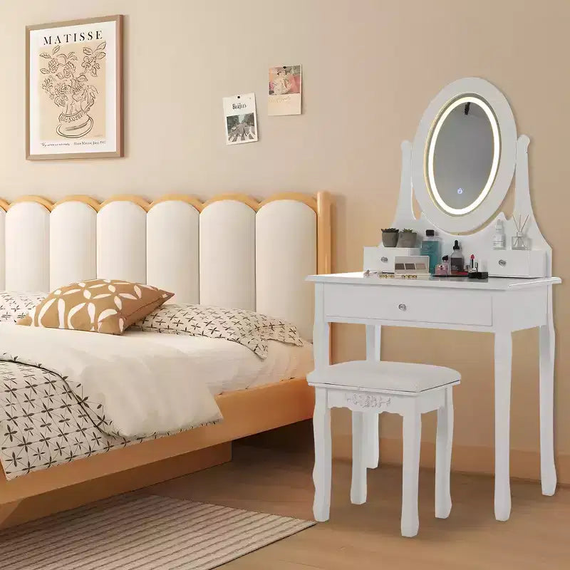 Vanity with LED-lit makeup mirror, featuring a padded stool, 3 lighting modes, and 3 storage drawersperfect for the bedroom.