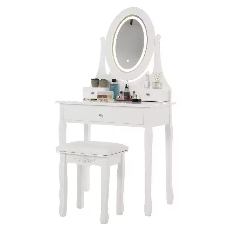 Vanity with LED-lit makeup mirror, featuring a padded stool, 3 lighting modes, and 3 storage drawersperfect for the bedroom.