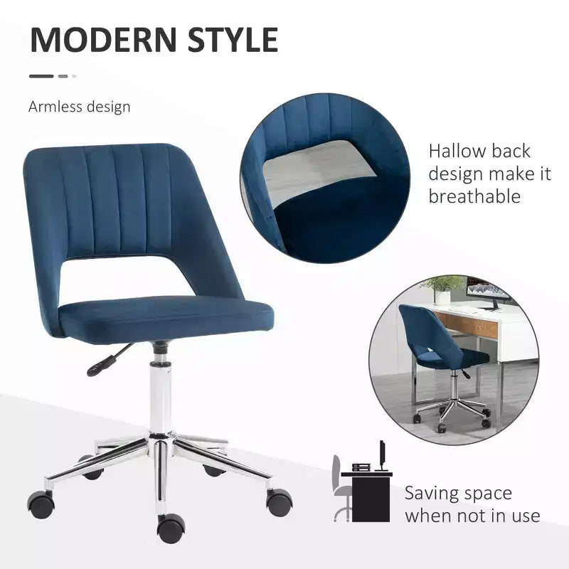Modern Mid Back Office Chair with Velvet Fabric, Swivel Computer Armless Desk Chair with Hollow Back Design for Home Office