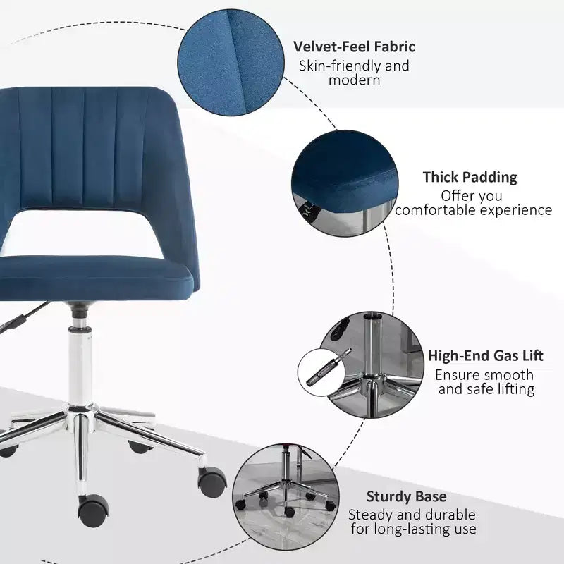 Modern Mid Back Office Chair with Velvet Fabric, Swivel Computer Armless Desk Chair with Hollow Back Design for Home Office