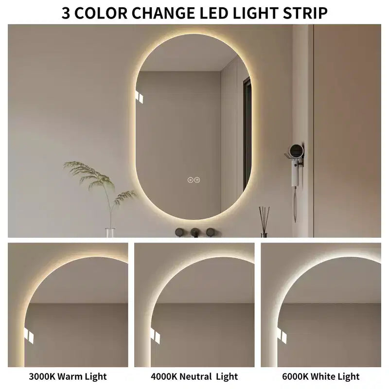 GDFStudio Lark 48 Modern Oval Anti-Fog LED Bathroom Mirror with Adjustable Light Modes
