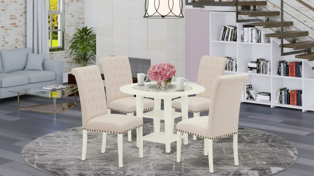 5-Pc Linen White Finish Solid Wood Top - Round Dining Room Set with Dropleaf - Seats 4