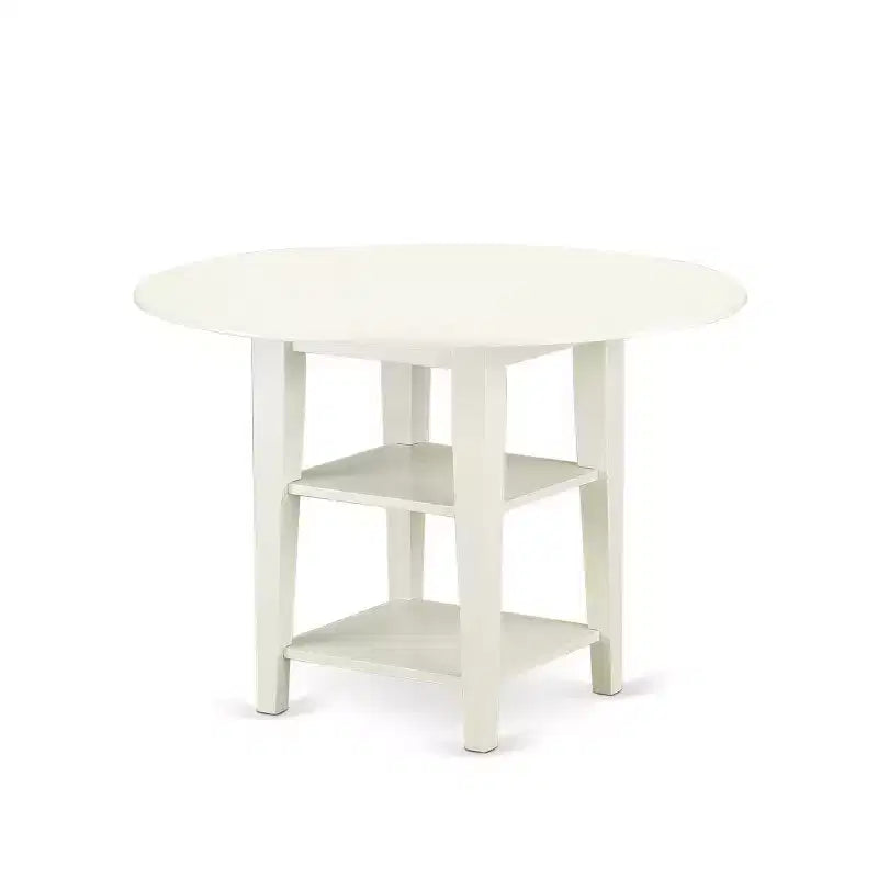 5-Pc Linen White Finish Solid Wood Top - Round Dining Room Set with Dropleaf - Seats 4