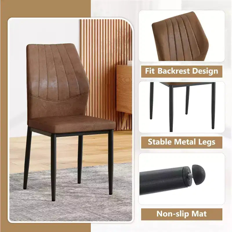 Modern Faux Leather Dining Chairs with Metal Legs, Padded Seat, Brown