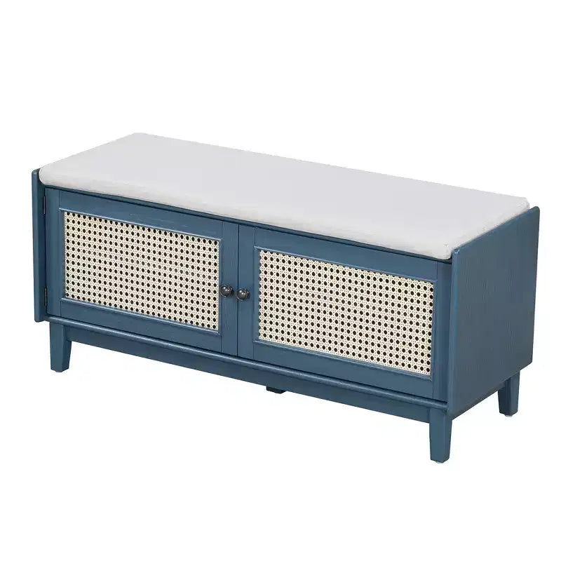 Boho Entryway Storage Bench, Wooden Shoe Bench, Cushioned Bench with Double Doors