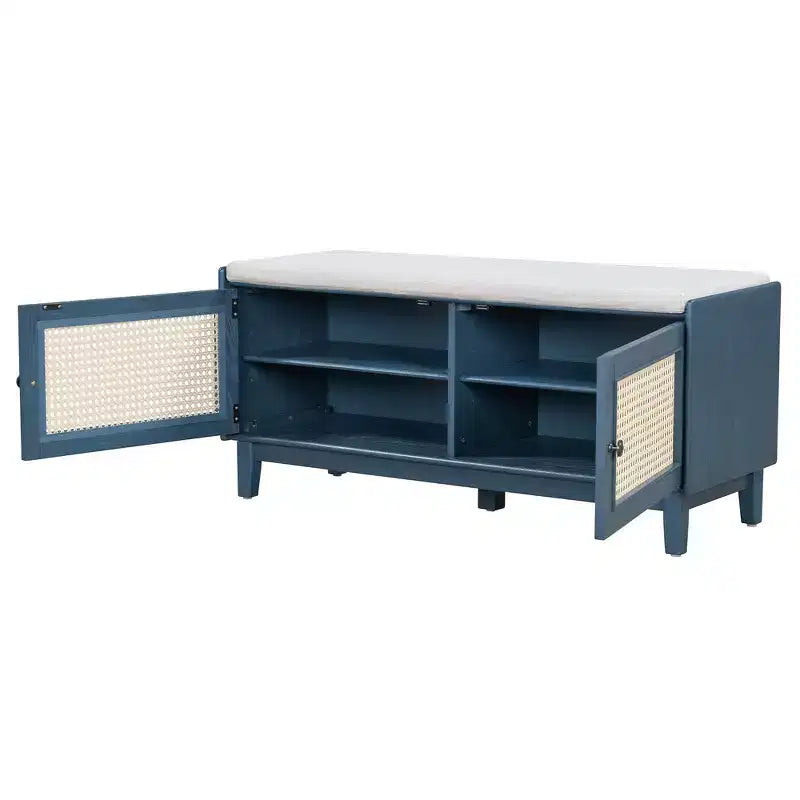 Boho Entryway Storage Bench, Wooden Shoe Bench, Cushioned Bench with Double Doors
