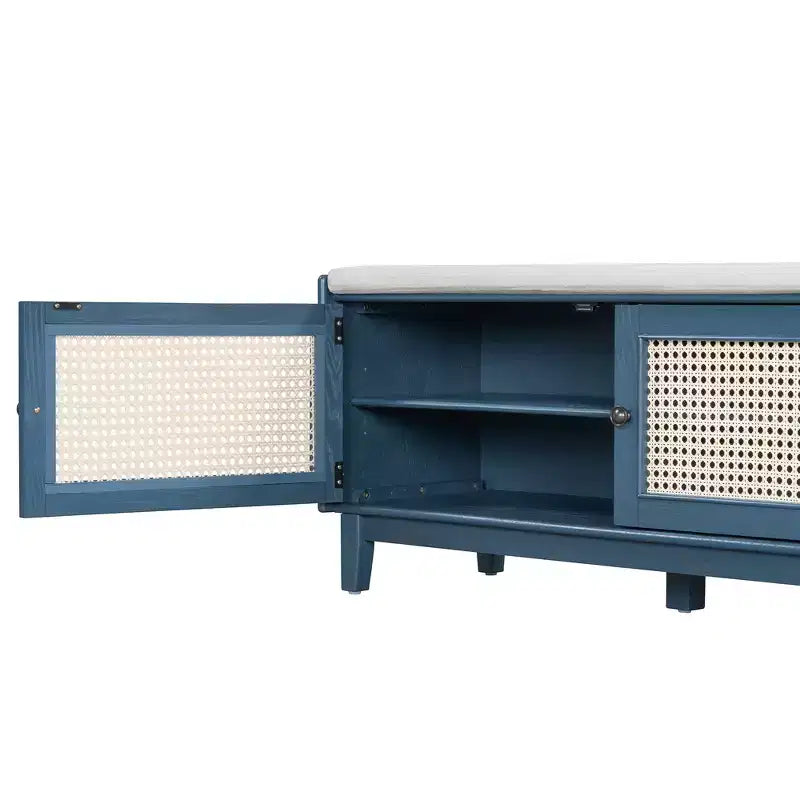 Boho Entryway Storage Bench, Wooden Shoe Bench, Cushioned Bench with Double Doors