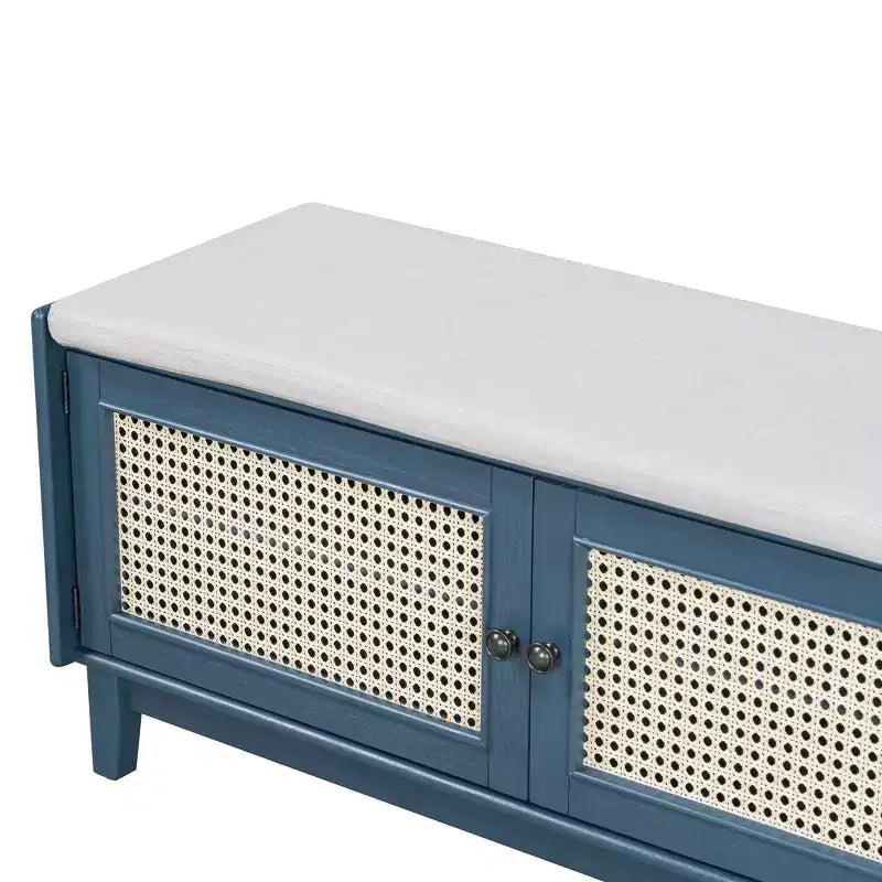 Boho Entryway Storage Bench, Wooden Shoe Bench, Cushioned Bench with Double Doors