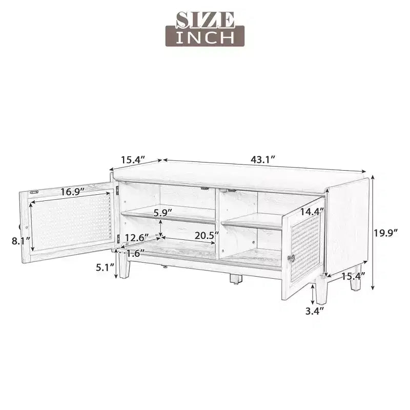 Boho Entryway Storage Bench, Wooden Shoe Bench, Cushioned Bench with Double Doors