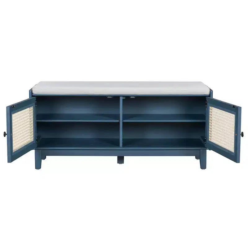 Boho Entryway Storage Bench, Wooden Shoe Bench, Cushioned Bench with Double Doors