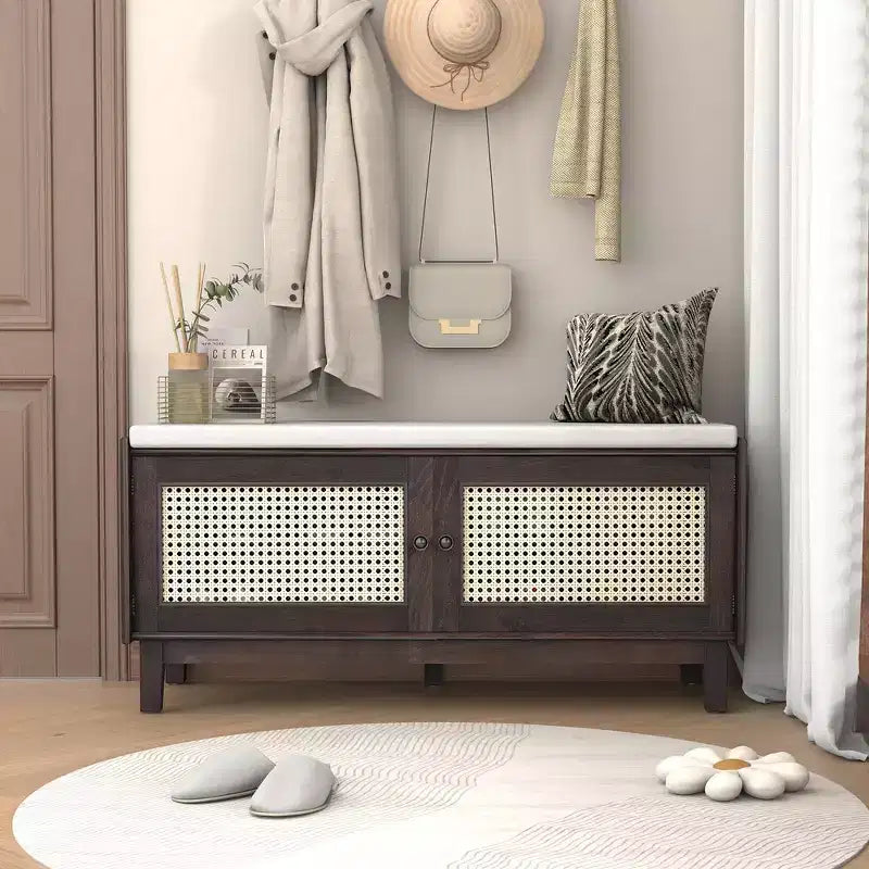 Boho Entryway Storage Bench, Wooden Shoe Bench, Cushioned Bench with Double Doors