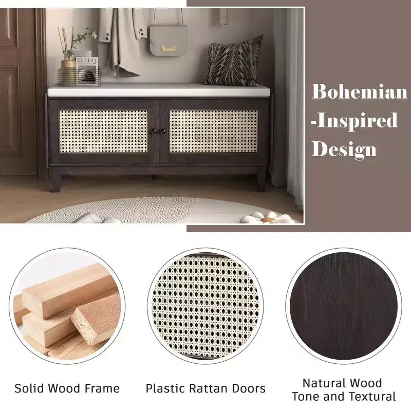 Boho Entryway Storage Bench, Wooden Shoe Bench, Cushioned Bench with Double Doors