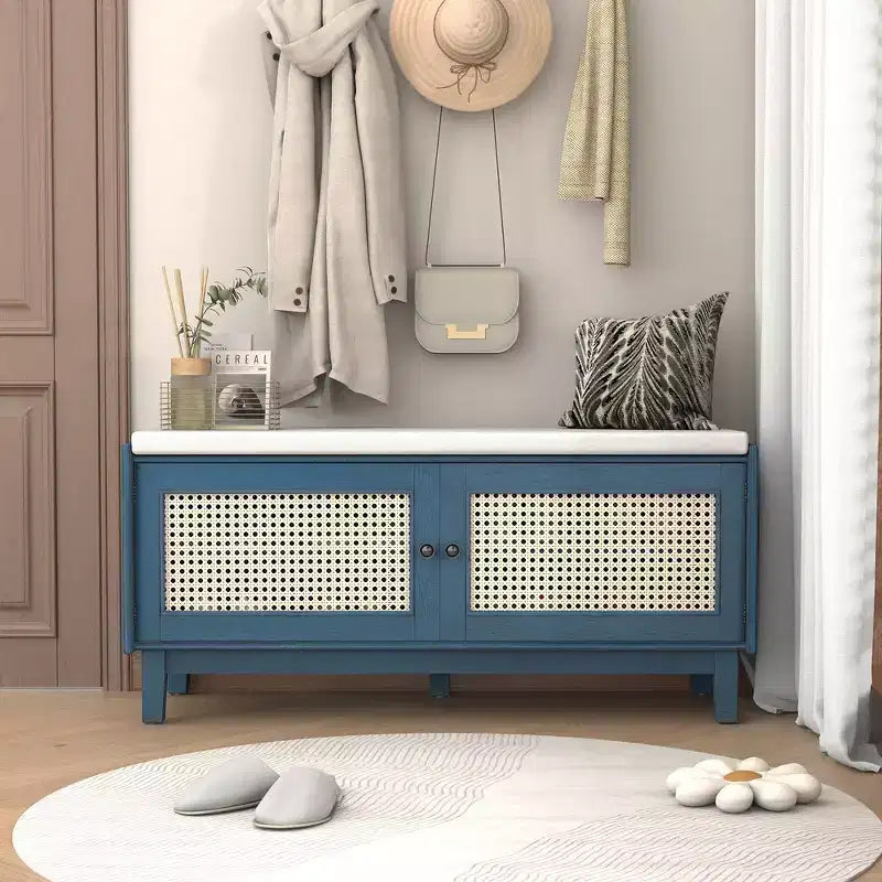 Boho Entryway Storage Bench, Wooden Shoe Bench, Cushioned Bench with Double Doors