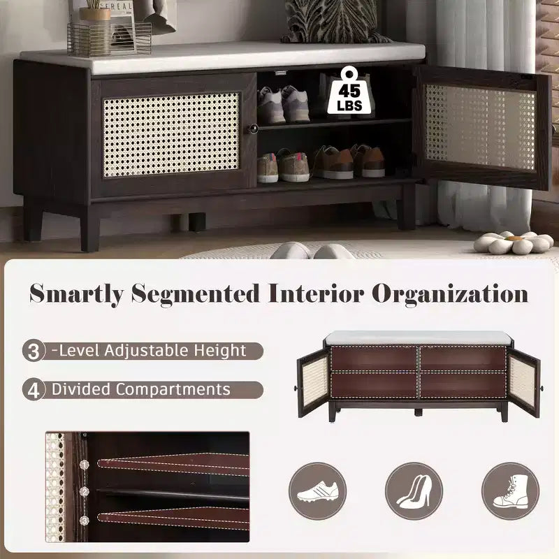 Boho Entryway Storage Bench, Wooden Shoe Bench, Cushioned Bench with Double Doors