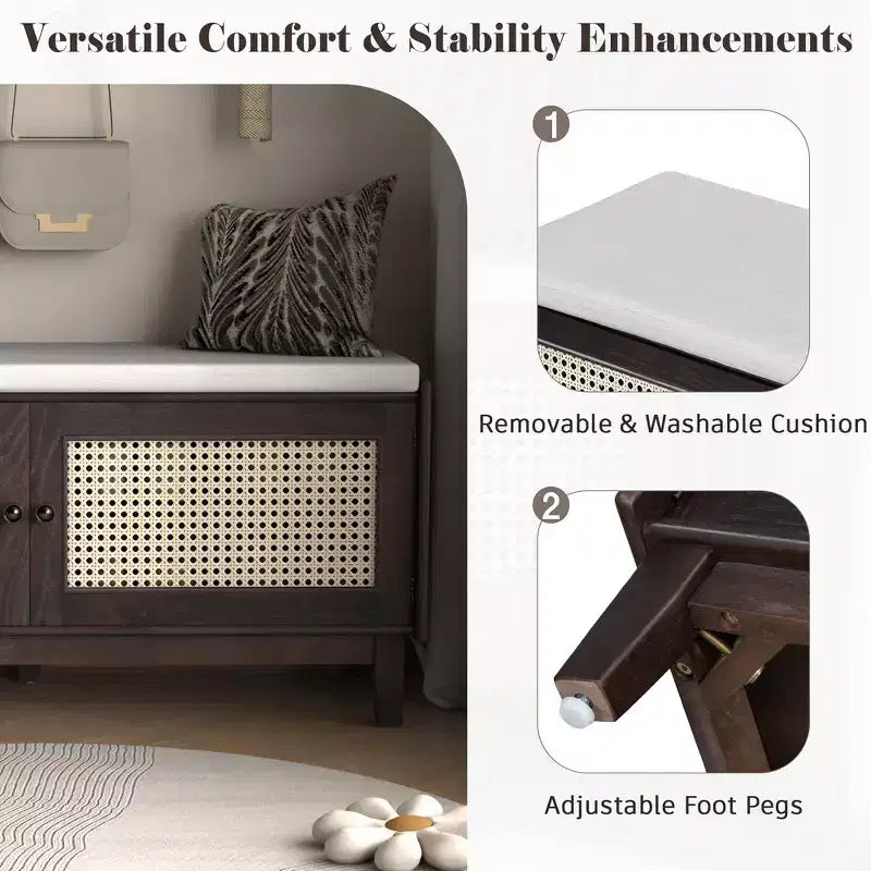 Boho Entryway Storage Bench, Wooden Shoe Bench, Cushioned Bench with Double Doors