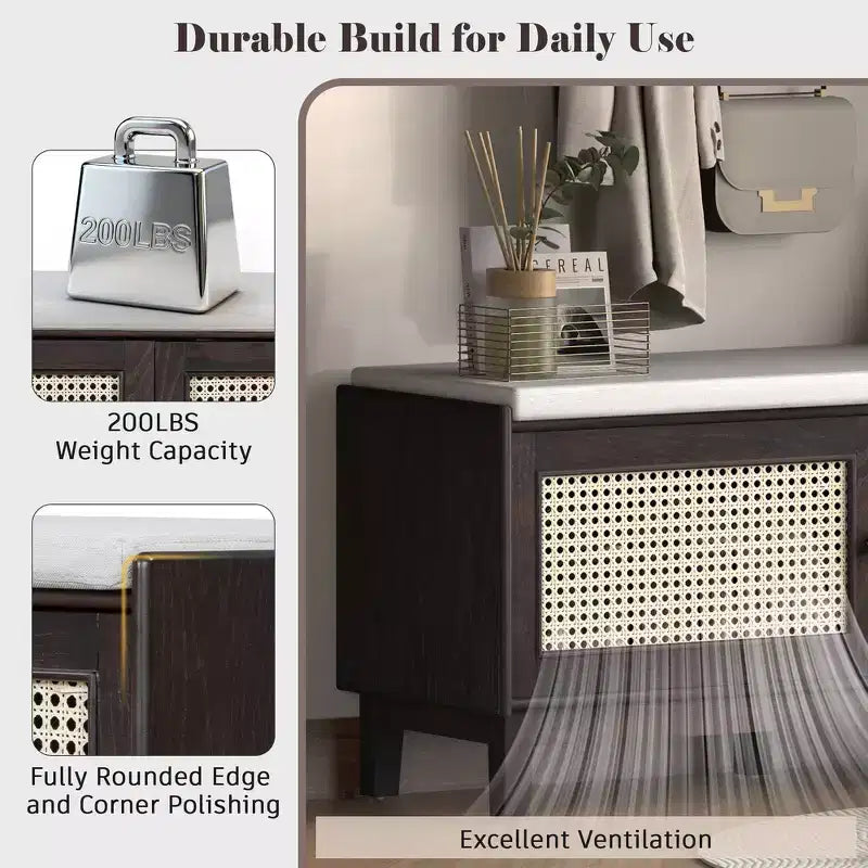 Boho Entryway Storage Bench, Wooden Shoe Bench, Cushioned Bench with Double Doors