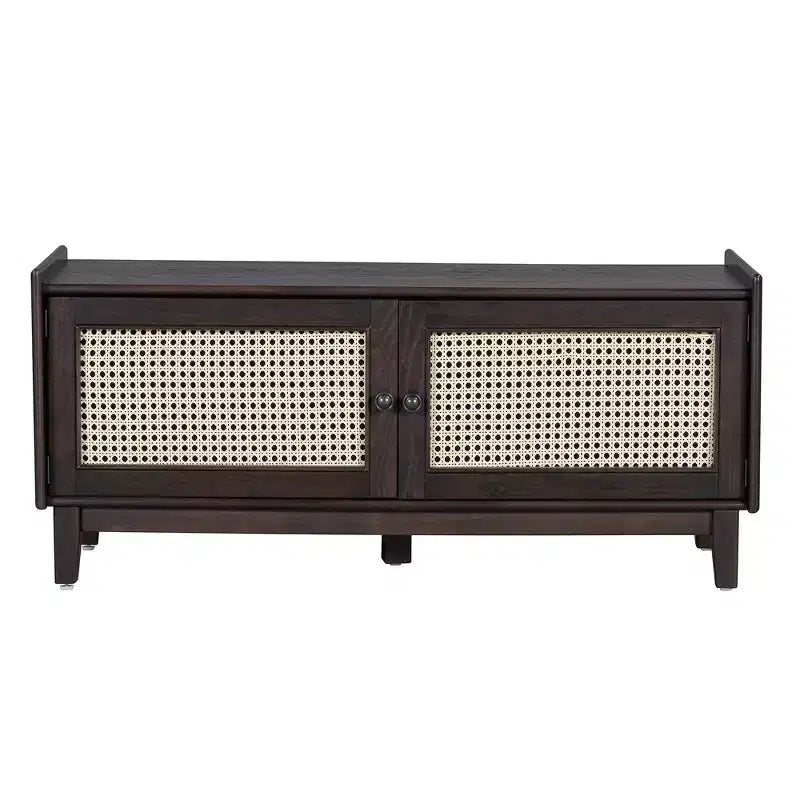 Boho Entryway Storage Bench, Wooden Shoe Bench, Cushioned Bench with Double Doors