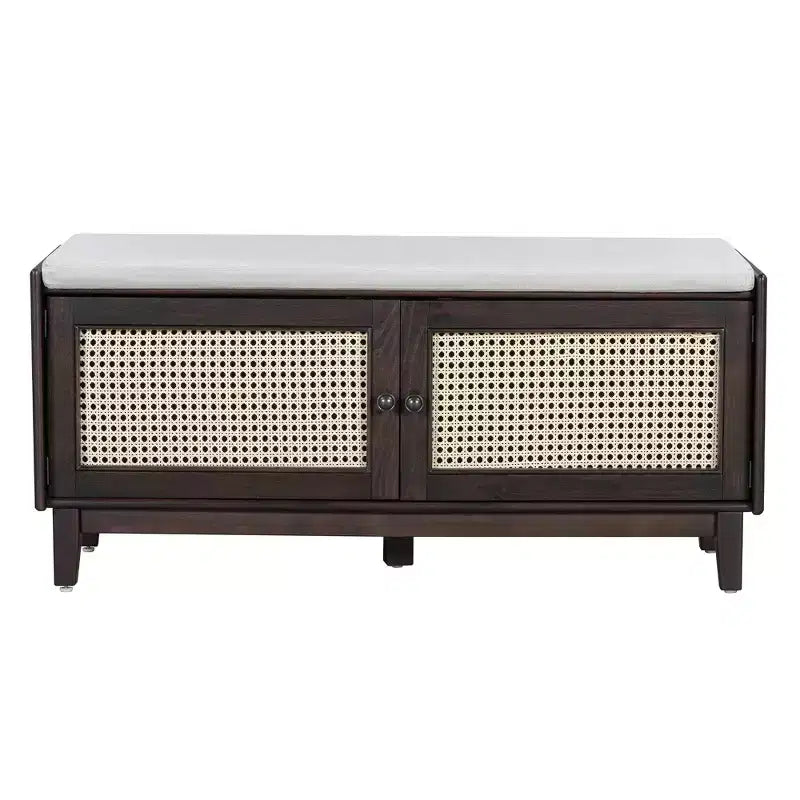 Boho Entryway Storage Bench, Wooden Shoe Bench, Cushioned Bench with Double Doors