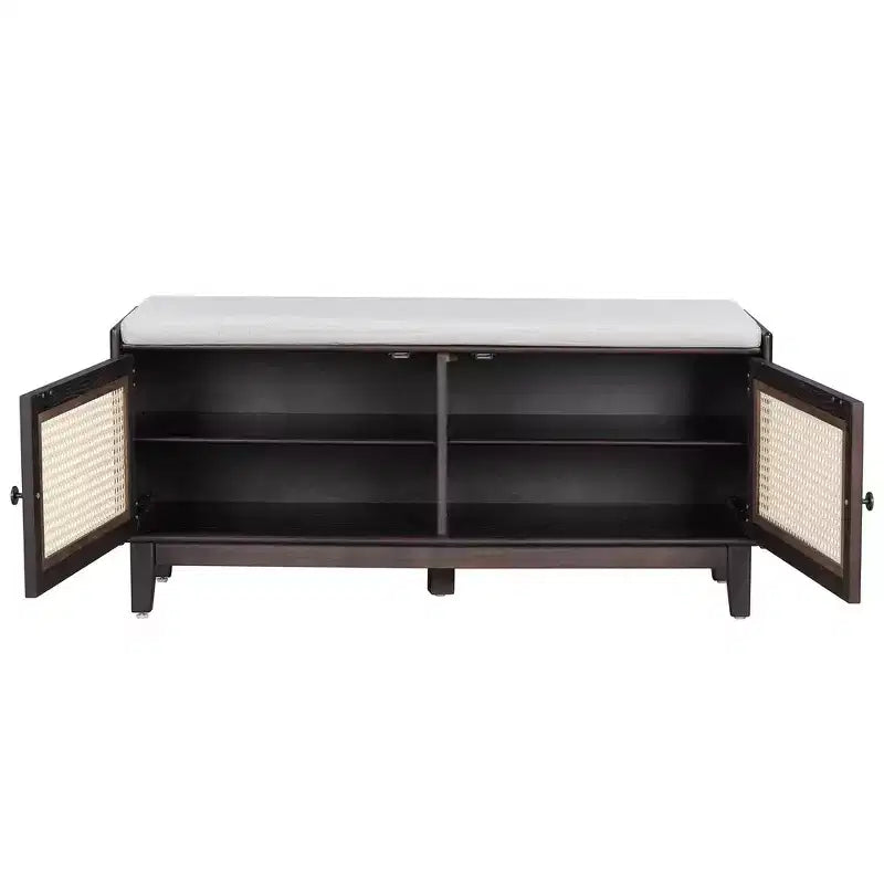 Boho Entryway Storage Bench, Wooden Shoe Bench, Cushioned Bench with Double Doors