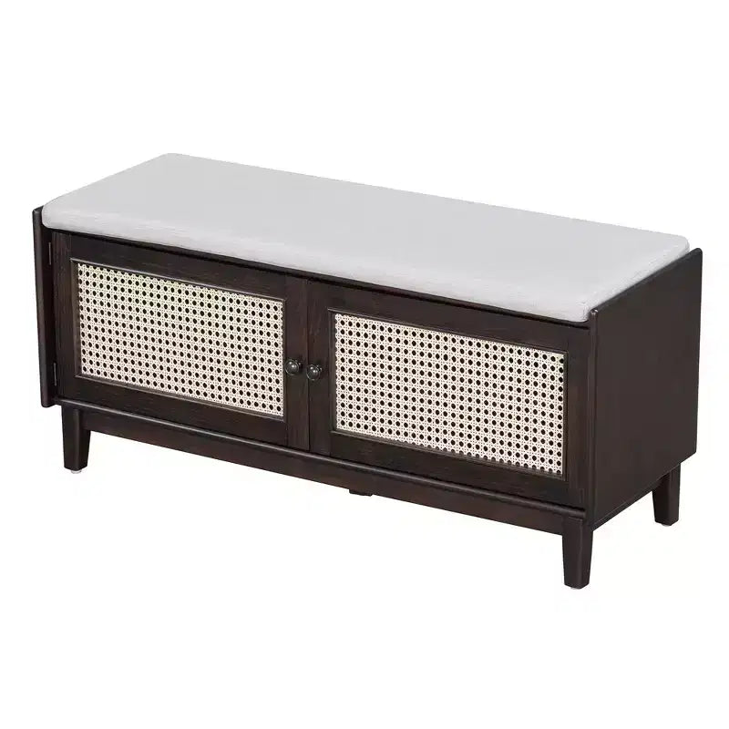 Boho Entryway Storage Bench, Wooden Shoe Bench, Cushioned Bench with Double Doors