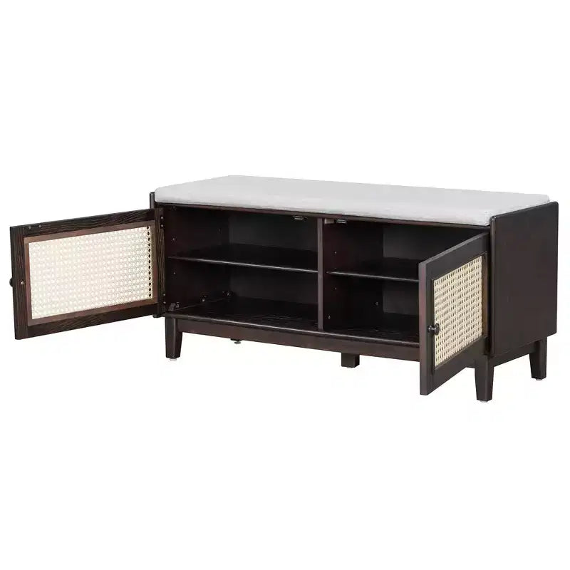 Boho Entryway Storage Bench, Wooden Shoe Bench, Cushioned Bench with Double Doors