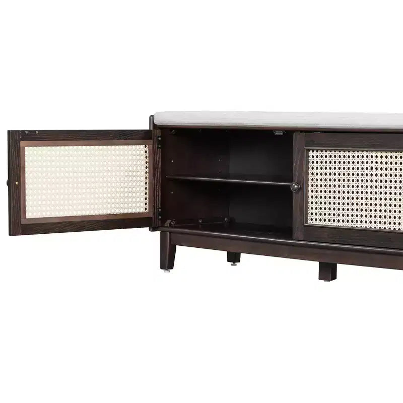 Boho Entryway Storage Bench, Wooden Shoe Bench, Cushioned Bench with Double Doors