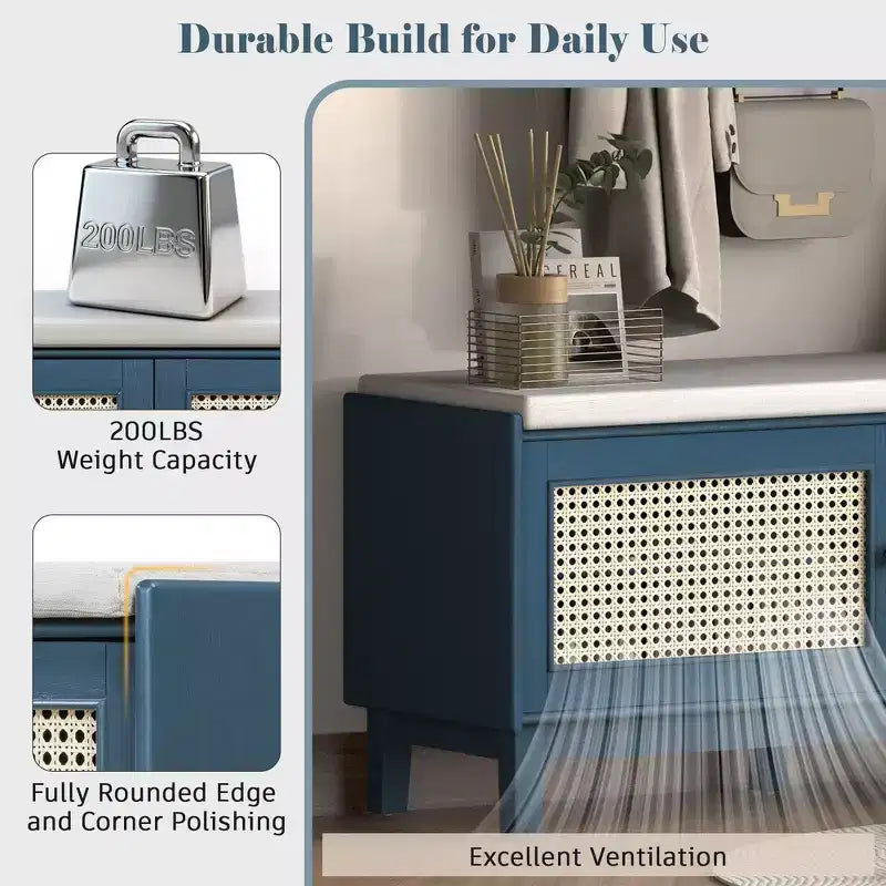 Boho Entryway Storage Bench, Wooden Shoe Bench, Cushioned Bench with Double Doors