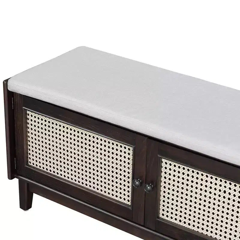 Boho Entryway Storage Bench, Wooden Shoe Bench, Cushioned Bench with Double Doors