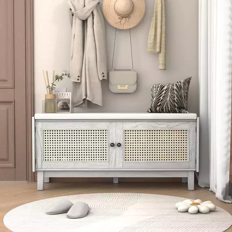 Boho Entryway Storage Bench, Wooden Shoe Bench, Cushioned Bench with Double Doors