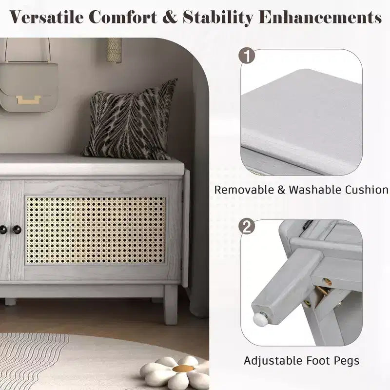 Boho Entryway Storage Bench, Wooden Shoe Bench, Cushioned Bench with Double Doors