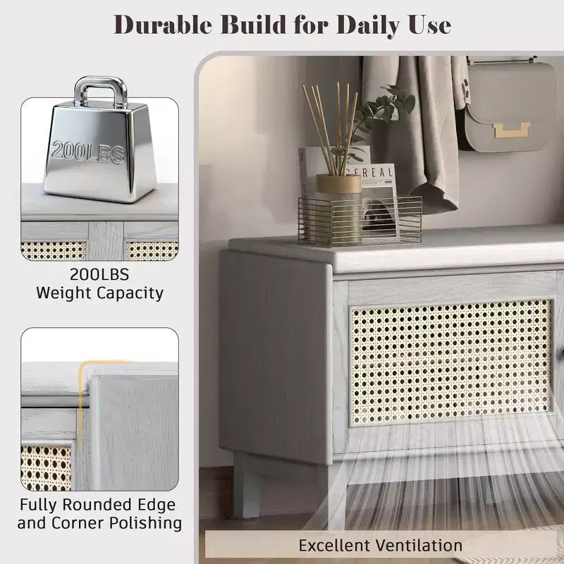 Boho Entryway Storage Bench, Wooden Shoe Bench, Cushioned Bench with Double Doors
