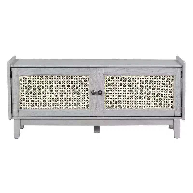 Boho Entryway Storage Bench, Wooden Shoe Bench, Cushioned Bench with Double Doors
