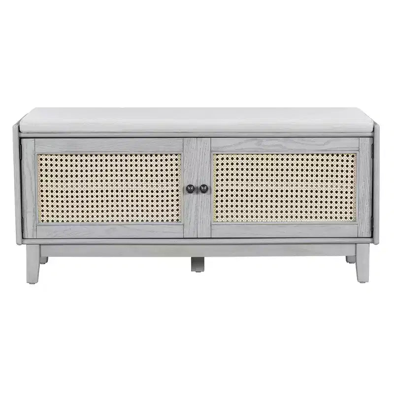 Boho Entryway Storage Bench, Wooden Shoe Bench, Cushioned Bench with Double Doors