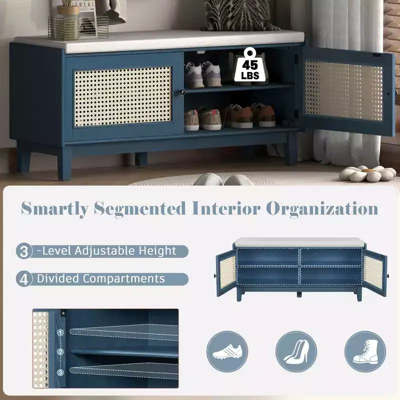 Boho Entryway Storage Bench, Wooden Shoe Bench, Cushioned Bench with Double Doors