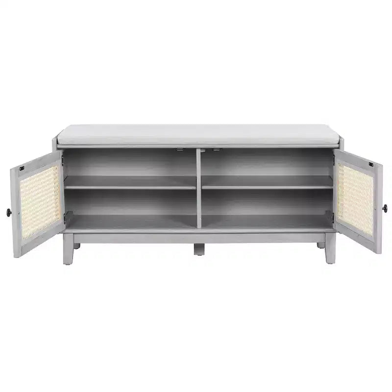 Boho Entryway Storage Bench, Wooden Shoe Bench, Cushioned Bench with Double Doors