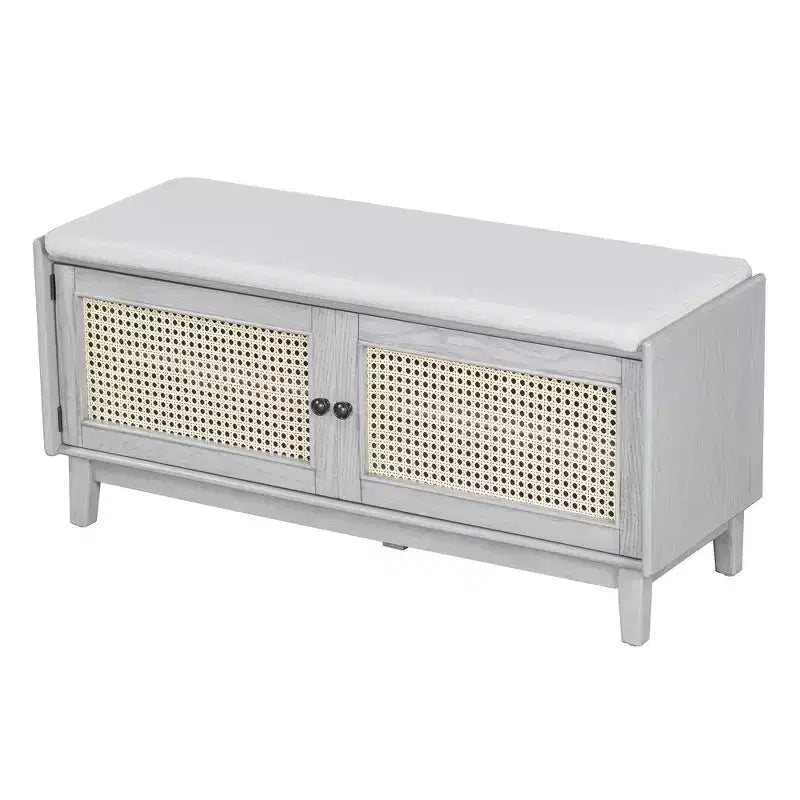 Boho Entryway Storage Bench, Wooden Shoe Bench, Cushioned Bench with Double Doors