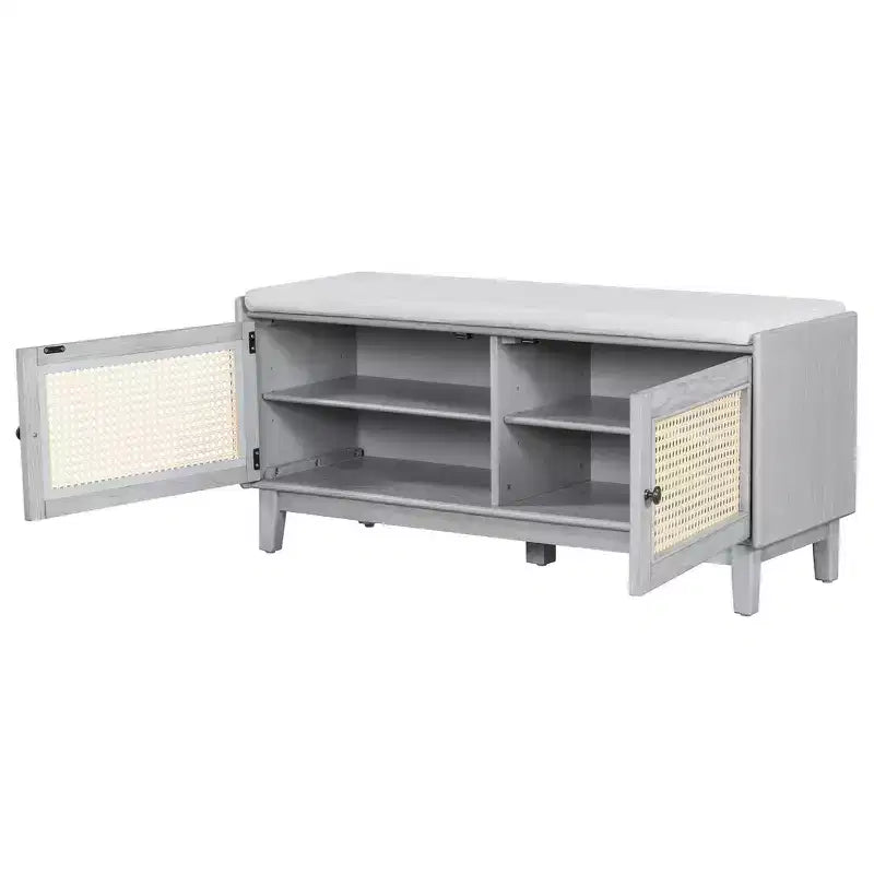 Boho Entryway Storage Bench, Wooden Shoe Bench, Cushioned Bench with Double Doors