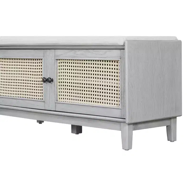 Boho Entryway Storage Bench, Wooden Shoe Bench, Cushioned Bench with Double Doors