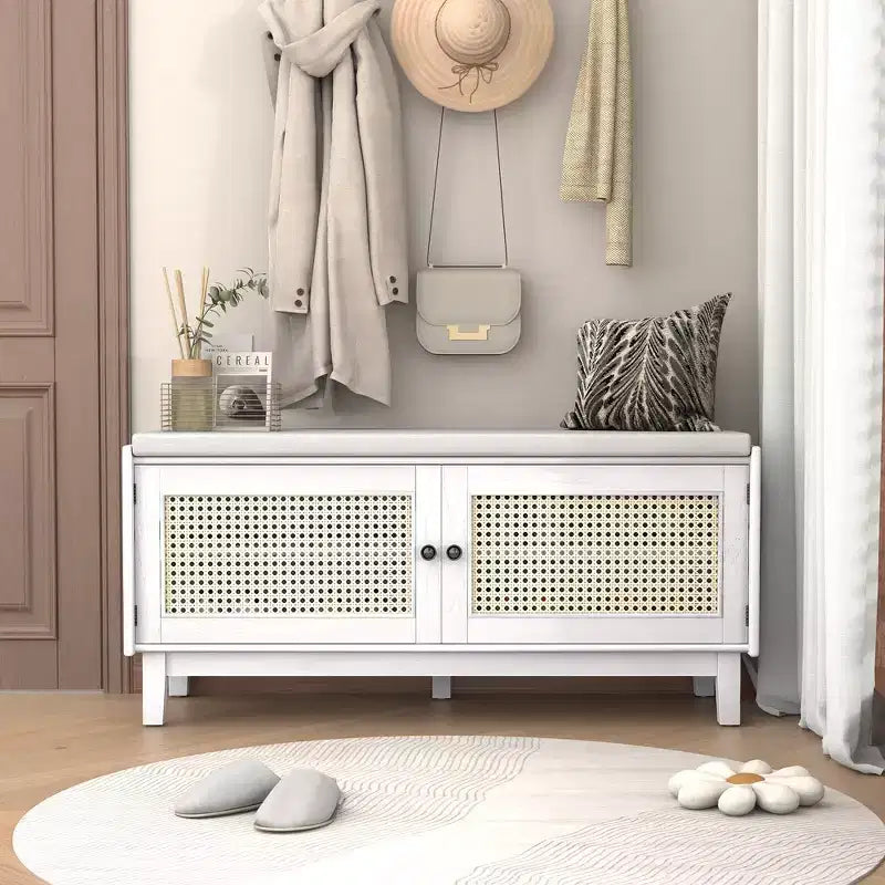 Boho Entryway Storage Bench, Wooden Shoe Bench, Cushioned Bench with Double Doors