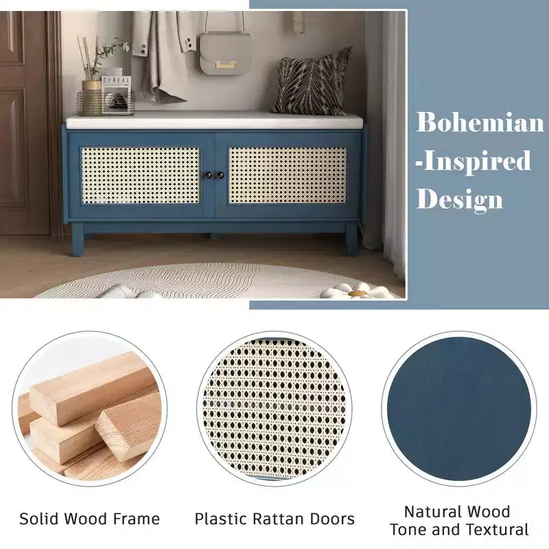 Boho Entryway Storage Bench, Wooden Shoe Bench, Cushioned Bench with Double Doors