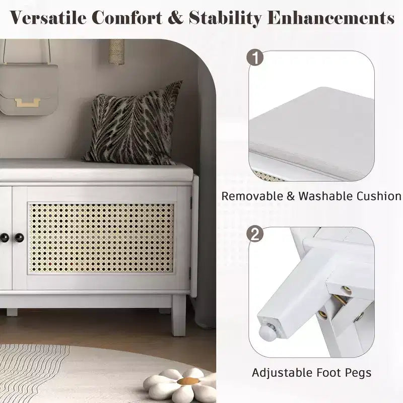 Boho Entryway Storage Bench, Wooden Shoe Bench, Cushioned Bench with Double Doors