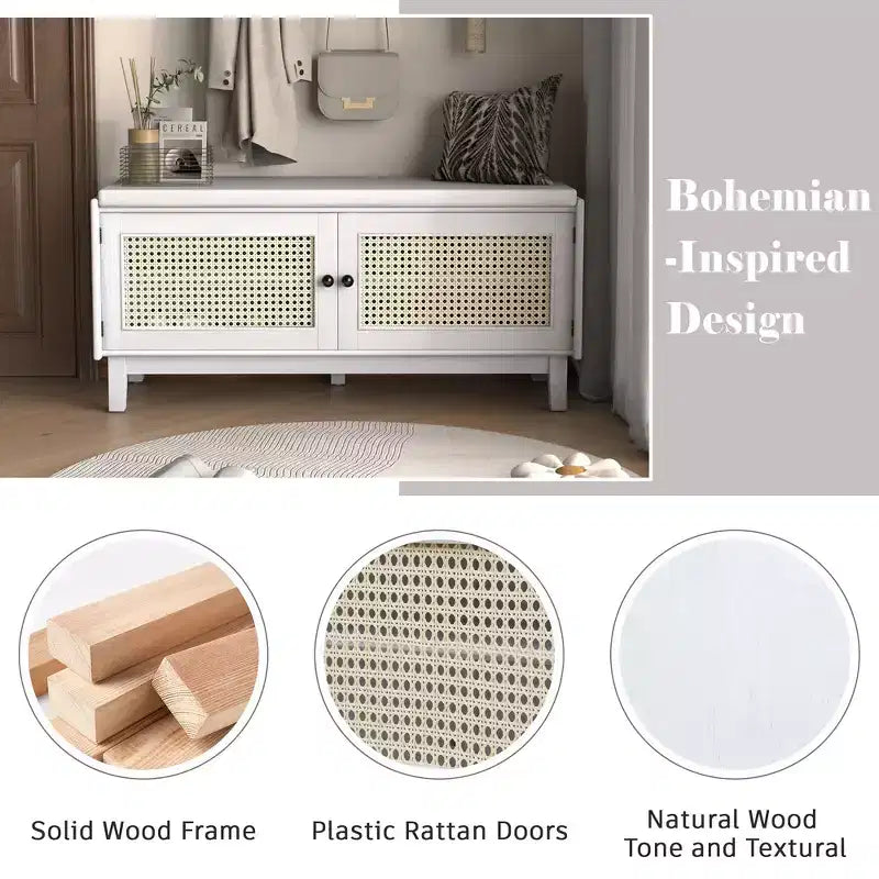 Boho Entryway Storage Bench, Wooden Shoe Bench, Cushioned Bench with Double Doors