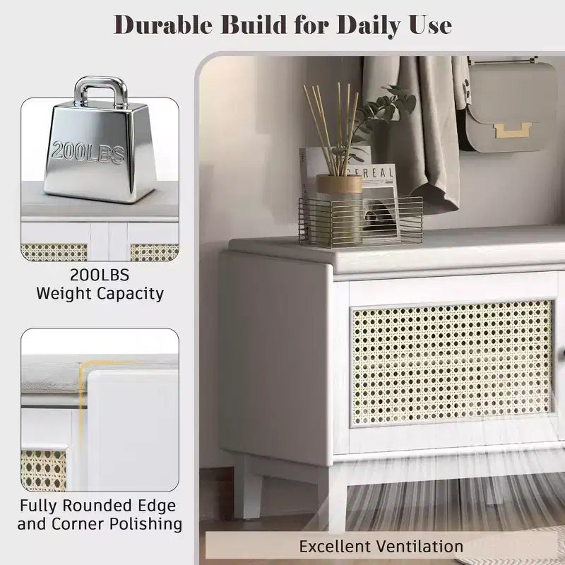 Boho Entryway Storage Bench, Wooden Shoe Bench, Cushioned Bench with Double Doors