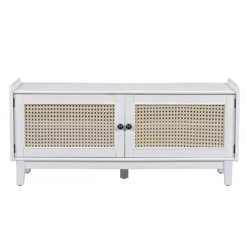 Boho Entryway Storage Bench, Wooden Shoe Bench, Cushioned Bench with Double Doors